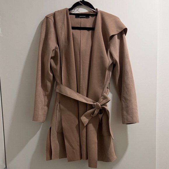 Zara Jackets & Blazers - Zara Basic Hooded Faux Suede Belted Trench Coat - Pale Pink/Tan - Small